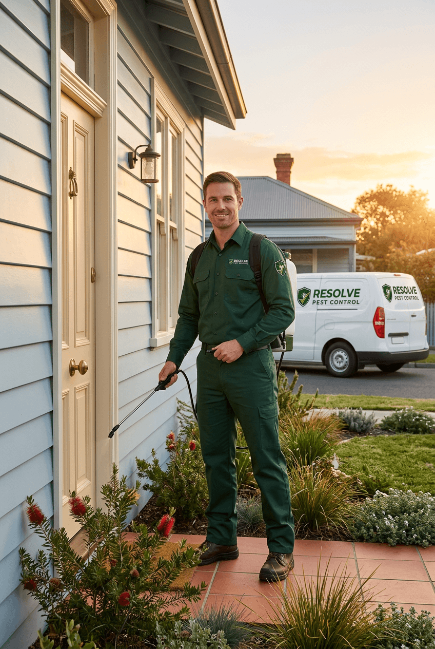 Resolve Pest Control technician at a Melbourne home, in branded uniform with treatment kit